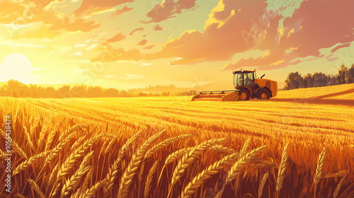 A breathtaking scene of golden barley fields being harvested by large machinery at dusk. Golden Harvest Fields. Illustration