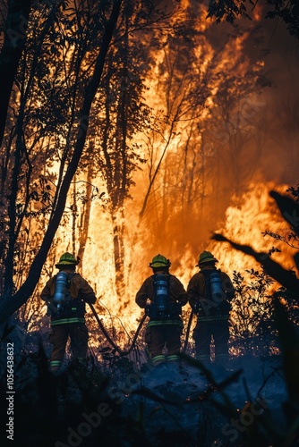 Firefighters battle a wildfire in a forest. They work hard to contain the flames and protect nearby homes, Generative AI