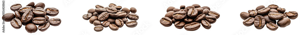 Freshly roasted coffee beans in various arrangements during daylight. Set of png on transparent background Freshly roasted coffee beans in various arrangements during daylight. Set of png on transparent background
