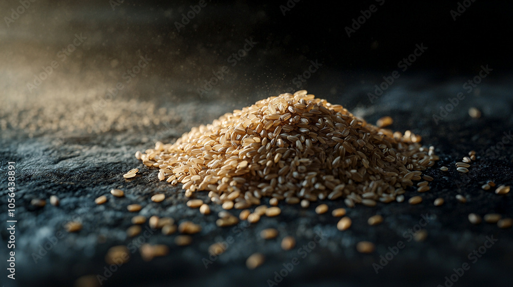 Pile of Brown Rice Grains on Dark Textured Surface Pile of Brown Rice Grains on Dark Textured Surface