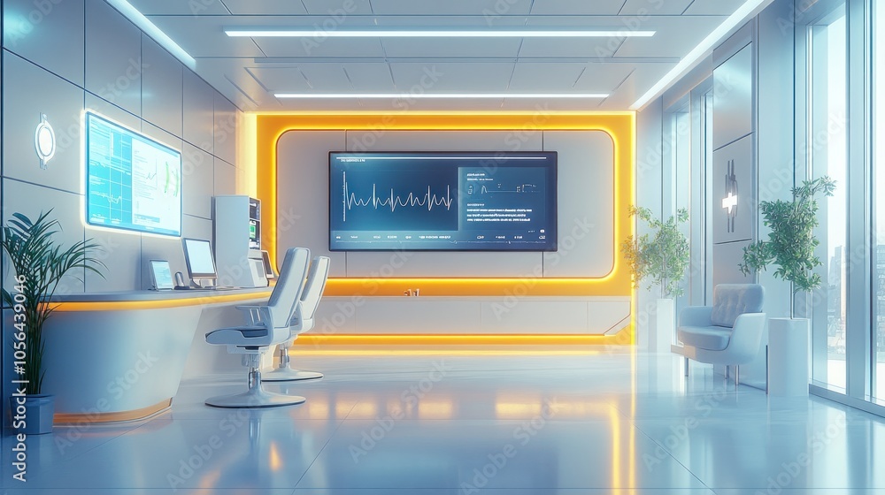 Modern futuristic office interior with white walls and orange neon lights, desk, chairs, and large screens displaying data. Modern futuristic office interior with white walls and orange neon lights, desk, chairs, and large screens displaying data.
