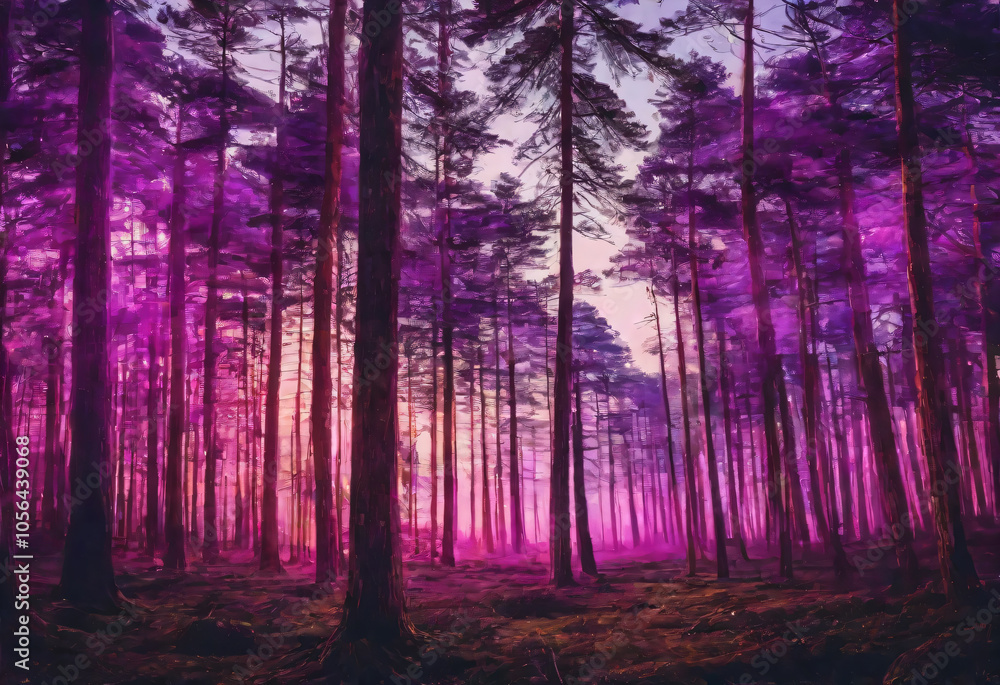 Obraz premium A dense forest of pine trees with a surreal twist, where the trees are colored in shades of vibrant purple
