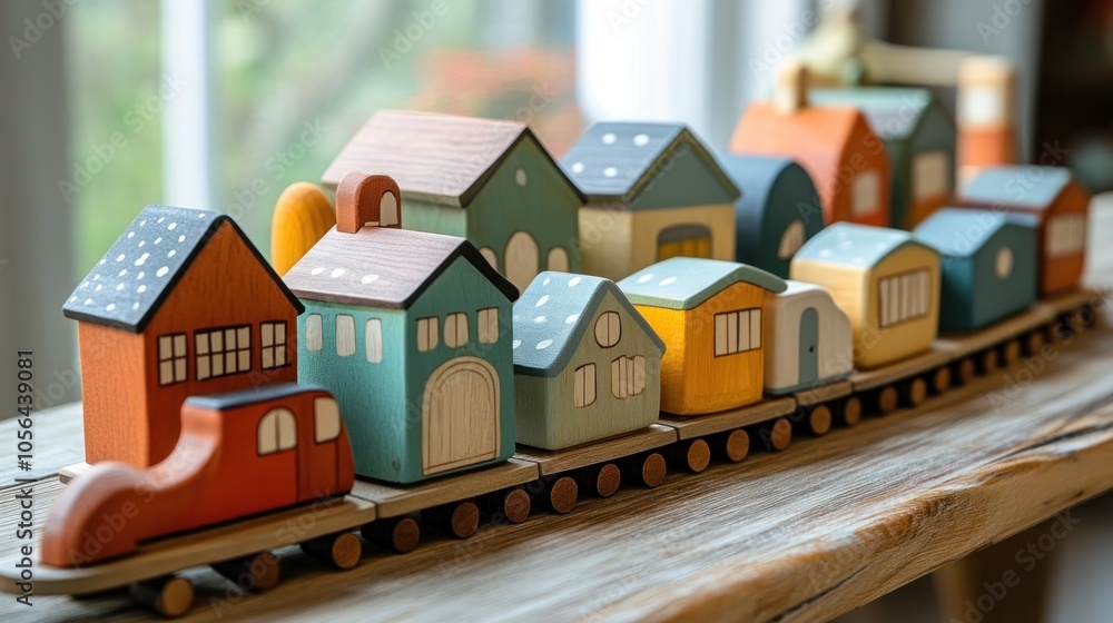 A wooden toy train with colorful houses on a wooden table. A wooden toy train with colorful houses on a wooden table.
