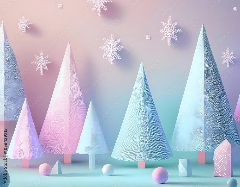 Delicate Christmas tree pattern with delicate snowflakes on a soft pastel background. Delicate Christmas tree pattern with delicate snowflakes on a soft pastel background.