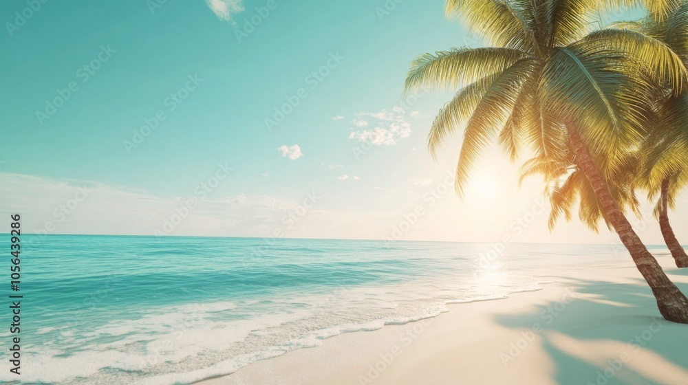 Fototapeta premium Serene Beach Scene with Turquoise Waters and Palm Trees