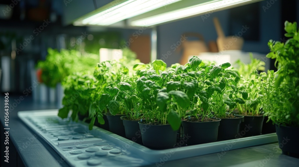 A close-up shot of a row of small green plants growing in pots under a grow light. A close-up shot of a row of small green plants growing in pots under a grow light.