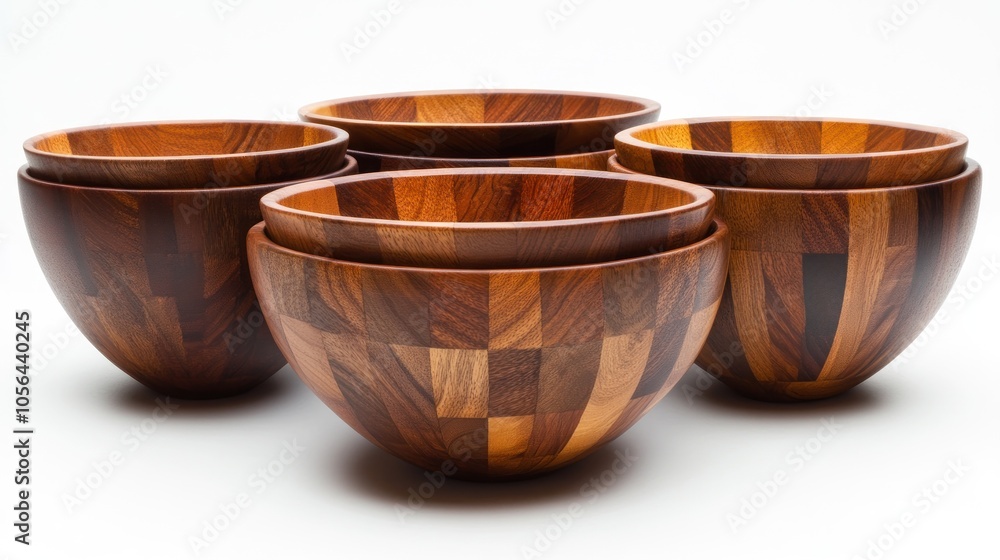 A set of four wooden bowls stacked on top of each other on a white background. A set of four wooden bowls stacked on top of each other on a white background.