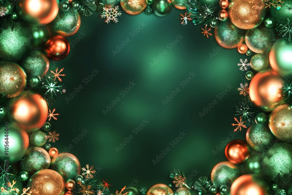 A green and gold frame of Christmas ornaments A green and gold frame of Christmas ornaments
