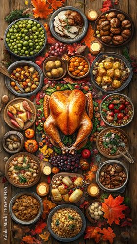 Wallpaper Mural A table full of food with a turkey on it. The table is covered with many different dishes, including a variety of vegetables, fruits, and meats. Scene is festive and celebratory Torontodigital.ca