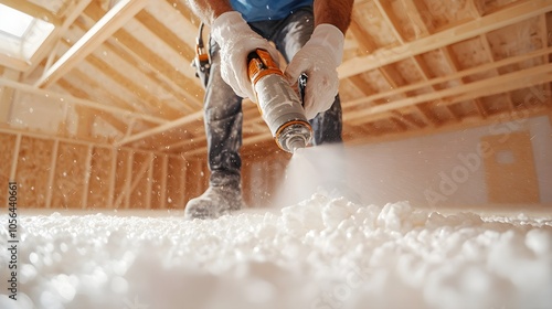 Wide-angle view of a man spraying polyurethane foam inside a newly built wooden house, insulating the structure from floor to ceiling photo