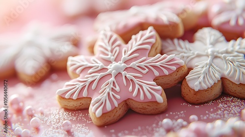 Gingerbread cookies decorated with intricate snowflake designs on a pastel pink gradient background, high contrast, soft light, cinematic photography style