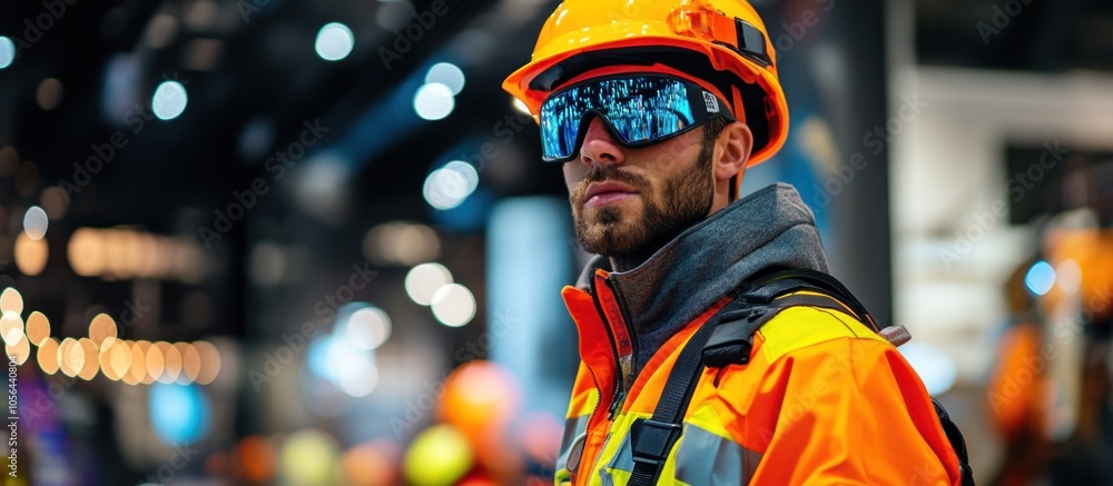 Obraz premium A construction worker wearing an orange jacket and a hard hat, looking towards the right of the frame, with a blurred background of a construction site or a factory.