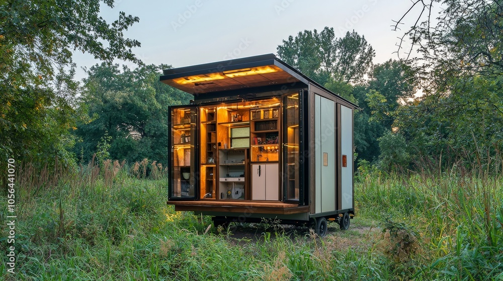 A tiny house that folds out like a pop-up book, revealing hidden rooms and spaces as needed A tiny house that folds out like a pop-up book, revealing hidden rooms and spaces as needed
