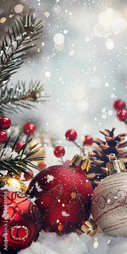Close-up of Christmas ornaments and pine branches in a snowy setting, capturing the festive holiday spirit. Close-up of Christmas ornaments and pine branches in a snowy setting, capturing the festive holiday spirit.