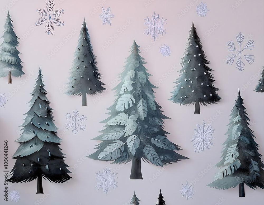 Delicate Christmas tree pattern with delicate snowflakes on a soft pastel background. Delicate Christmas tree pattern with delicate snowflakes on a soft pastel background.