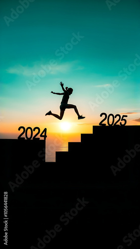 Businessman or person is running up from 2024 to 2025 .2025 new year Concept .Businessman analysis profit ,loss,income,revenue in 2024 and step into 2025 with new ideas. photo