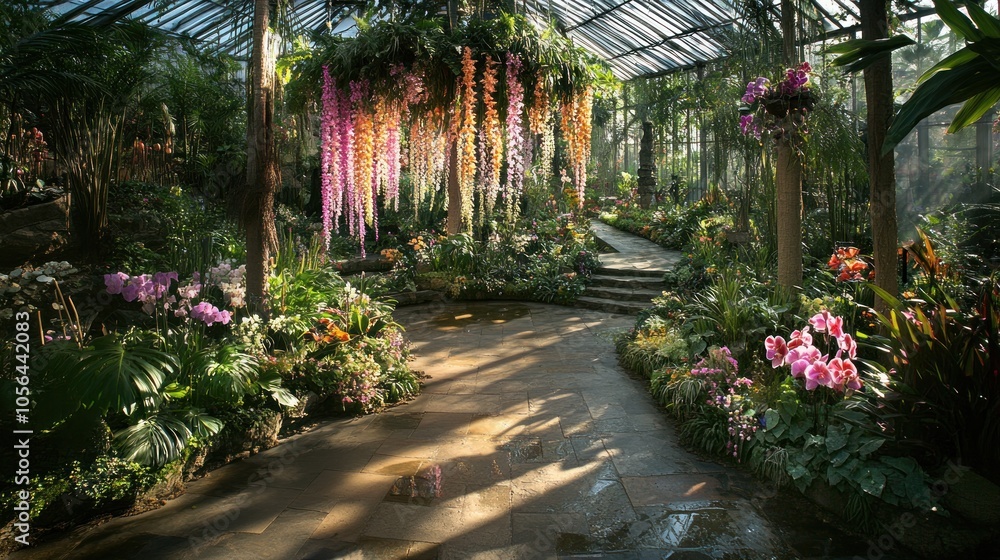 Fototapeta premium A serene greenhouse filled with vibrant flowers and lush greenery, creating a tranquil atmosphere.