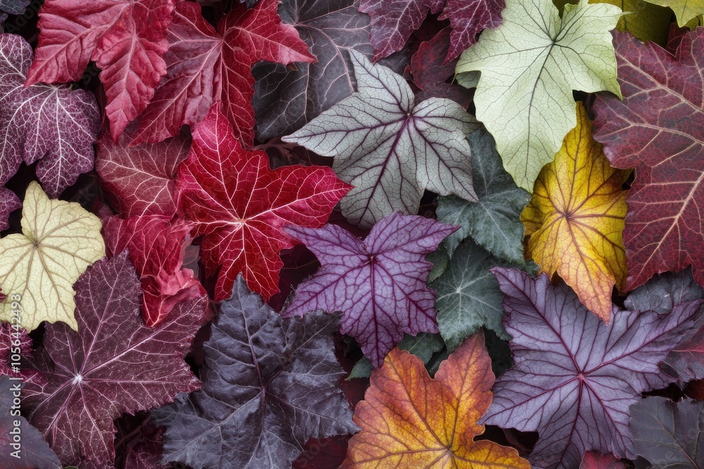 A vibrant arrangement of colorful leaves showcasing various shapes and hues. A vibrant arrangement of colorful leaves showcasing various shapes and hues.