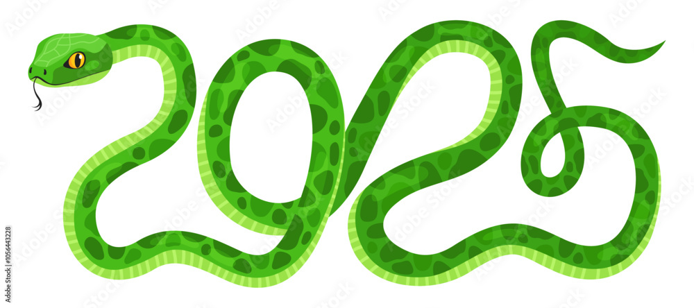 Fototapeta premium Cute green snake in the shape of the number 2025 isolated on a white background. New Year of the Snake, Lunar New Year or Chinese New Year. Zodiac animal cartoon character.