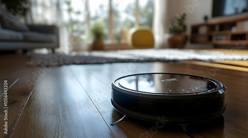 Black Robot Vacuum Cleaner on Wooden Floor in Living Room - 3D Illustration