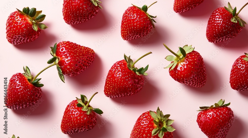 Flat lay of ripe strawberries on a white surface with subtle shadows, minimalist and fresh Flat lay of ripe strawberries on a white surface with subtle shadows, minimalist and fresh
