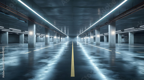 Empty Concrete Garage with Fluorescent Lights 3D Render