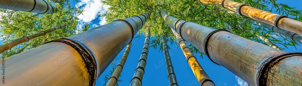 A view of tall bamboo stalks reaching towards a blue sky with scattered clouds. A view of tall bamboo stalks reaching towards a blue sky with scattered clouds.