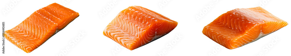 Fresh salmon fillets ready for preparation in a kitchen setting. Set of png on transparent background