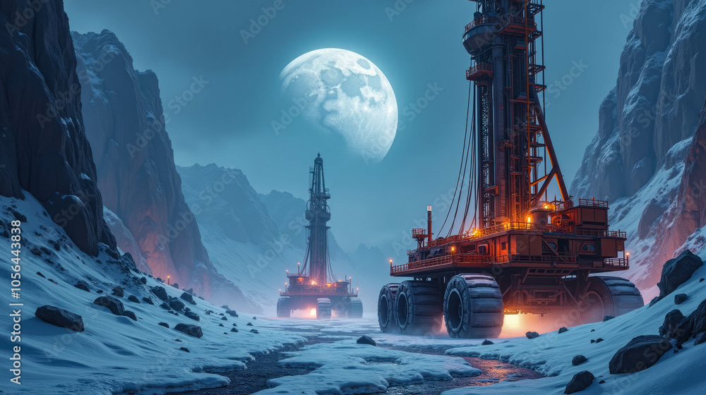 Obraz premium Heavy machinery operates in a snowy valley under a full moon during twilight, showcasing powerful drilling rigs amidst dramatic landscapes