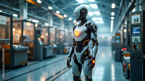 A humanoid robot stands in an industrial facility, surrounded by advanced machinery and equipment during daylight hours