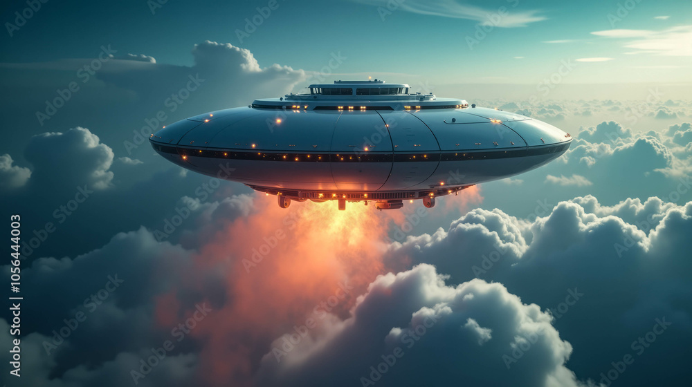 A futuristic flying saucer hovers above the clouds at sunset, emitting bright flames from its propulsion system A futuristic flying saucer hovers above the clouds at sunset, emitting bright flames from its propulsion system