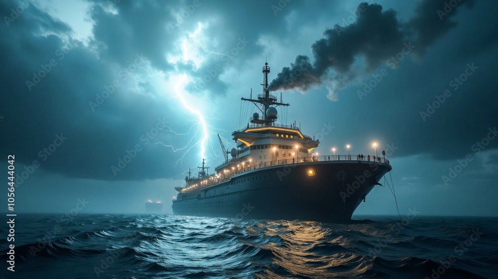 Obraz premium A large ship navigates through stormy seas under dark clouds and lightning during a fierce storm at night