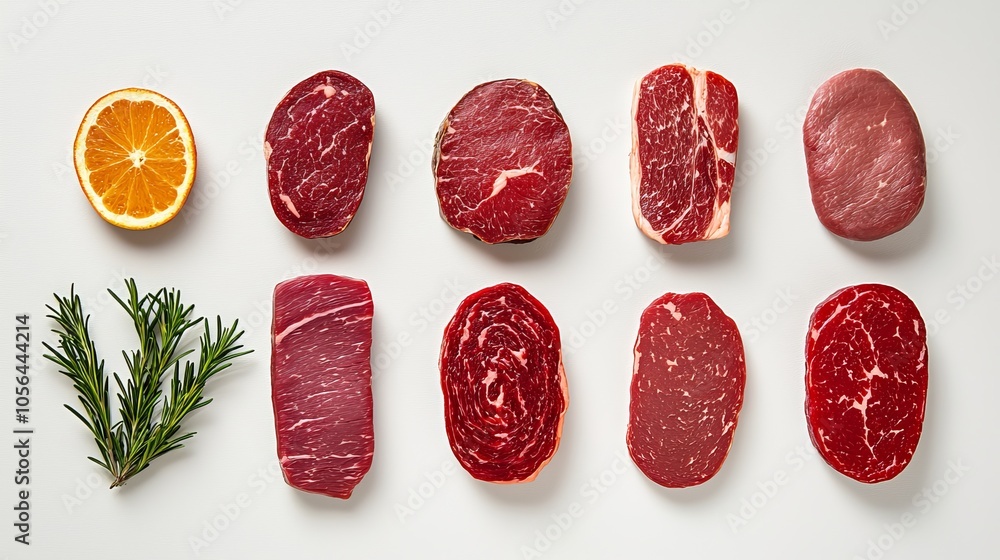 High-quality flat lay of various fresh meats on a textured grey table, modern minimalist style for gourmet marketing High-quality flat lay of various fresh meats on a textured grey table, modern minimalist style for gourmet marketing