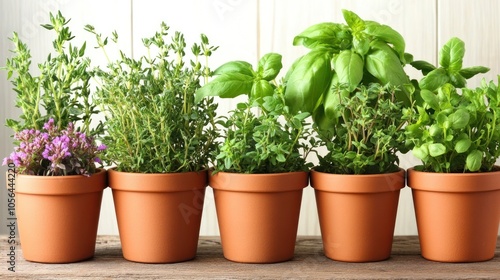 A row of herb plants in terracotta pots, ideal for cooking and gardening enthusiasts.