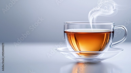 Hot aromatic Earl Grey tea in a crystal-clear glass cup, delicate steam rising gracefully, clean and minimal white background with soft shadows