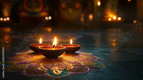 Capture the vibrant essence of Diwali with a real picture showcasing glowing oil lamps, colorful rangoli designs, and festive decorations, highlighting the warmth and joy of this Festival of Lights. 