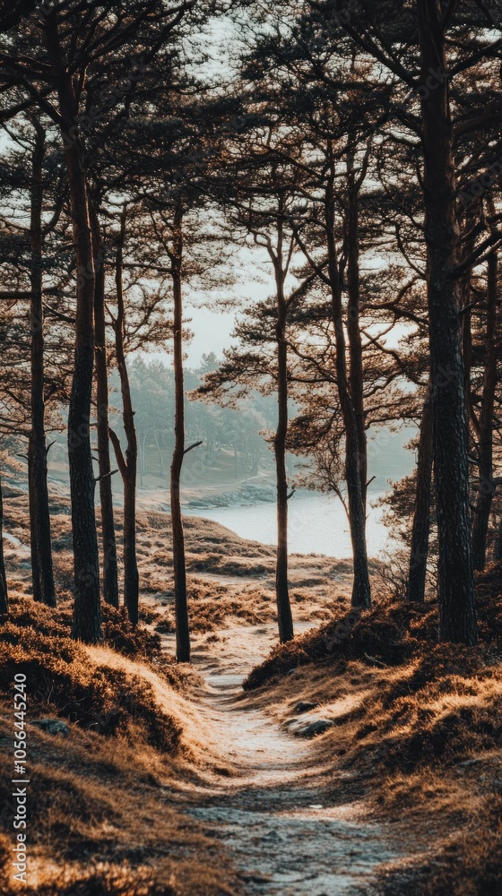 A serene forest path leading to a tranquil water body, surrounded by tall trees and foliage. A serene forest path leading to a tranquil water body, surrounded by tall trees and foliage.