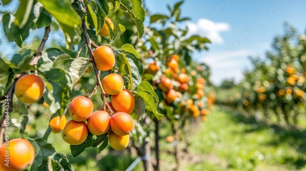 A vibrant orchard filled with ripe apricots hanging from branches under a clear blue sky. A vibrant orchard filled with ripe apricots hanging from branches under a clear blue sky.