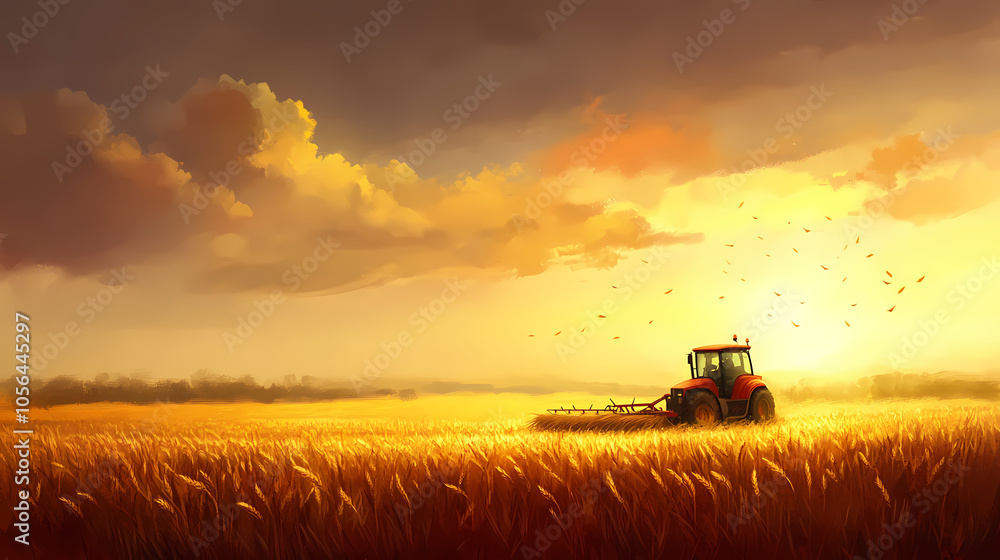 Fototapeta premium A tractor harvesting wheat in a golden field under a cloudy sky at sunset. Golden Harvest Fields. Illustration