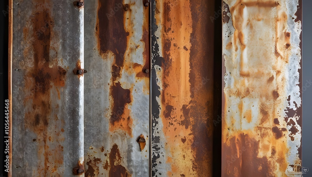 Old rusty zinc wall panels with rusty texture as a background. Vintage retro interior design concept. Rusty zinc sheets. Place to add text and design. Photo of rotten zinc surface. Iron sheets. Old rusty zinc wall panels with rusty texture as a background. Vintage retro interior design concept. Rusty zinc sheets. Place to add text and design. Photo of rotten zinc surface. Iron sheets.