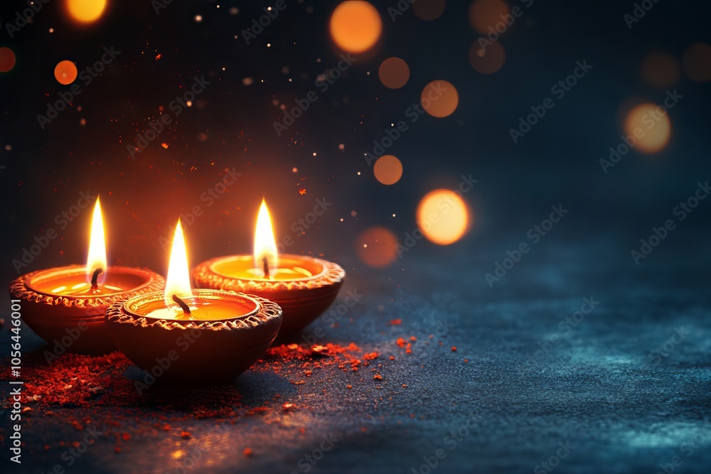Three traditional clay diyas with bright flames, set against a dark background with glowing bokeh lights, creating a warm and festive atmosphere. Three traditional clay diyas with bright flames, set against a dark background with glowing bokeh lights, creating a warm and festive atmosphere.