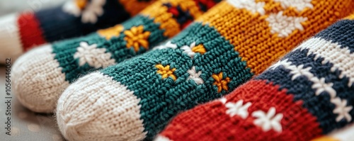 Colorful knit socks displayed in a close-up, showcasing intricate patterns and vibrant hues, perfect for cozy wear.