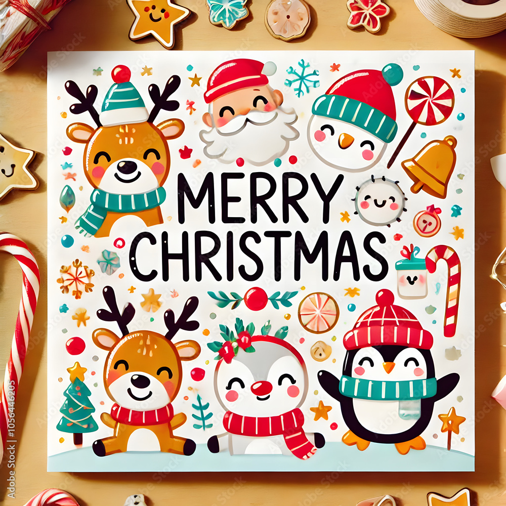 A festive Christmas card featuring Santa Claus, children, and a playful winter scene with gifts, snowmen, and holiday cheer, perfect for celebrating the season A festive Christmas card featuring Santa Claus, children, and a playful winter scene with gifts, snowmen, and holiday cheer, perfect for celebrating the season