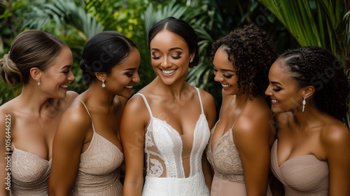 Bride Surrounded by Bridesmaids in Matching Dresses