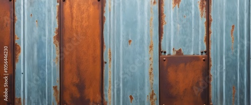 Old rusty zinc wall panels with rusty texture as a background. Vintage retro interior design concept. Rusty zinc sheets. Place to add text and design. Photo of rotten zinc surface. Iron sheets.