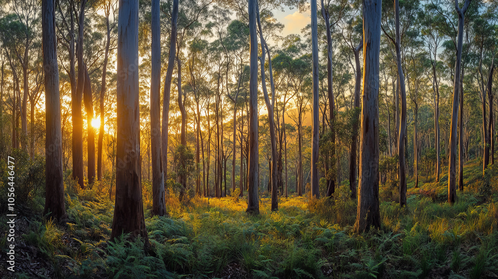 Fototapeta premium Serene Sunrise in Eucalyptus Forest Landscape