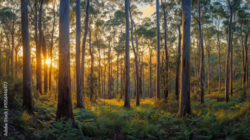 Serene Sunrise in Eucalyptus Forest Landscape