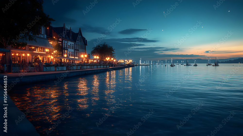 Naklejka premium Nighttime Waterfront Scene with Buildings and Boats, Cityscape Illustration