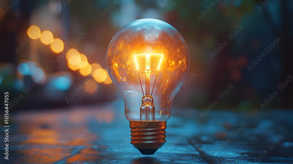 Glowing Light Bulb on a Blue Surface - Realistic Photo Glowing Light Bulb on a Blue Surface - Realistic Photo