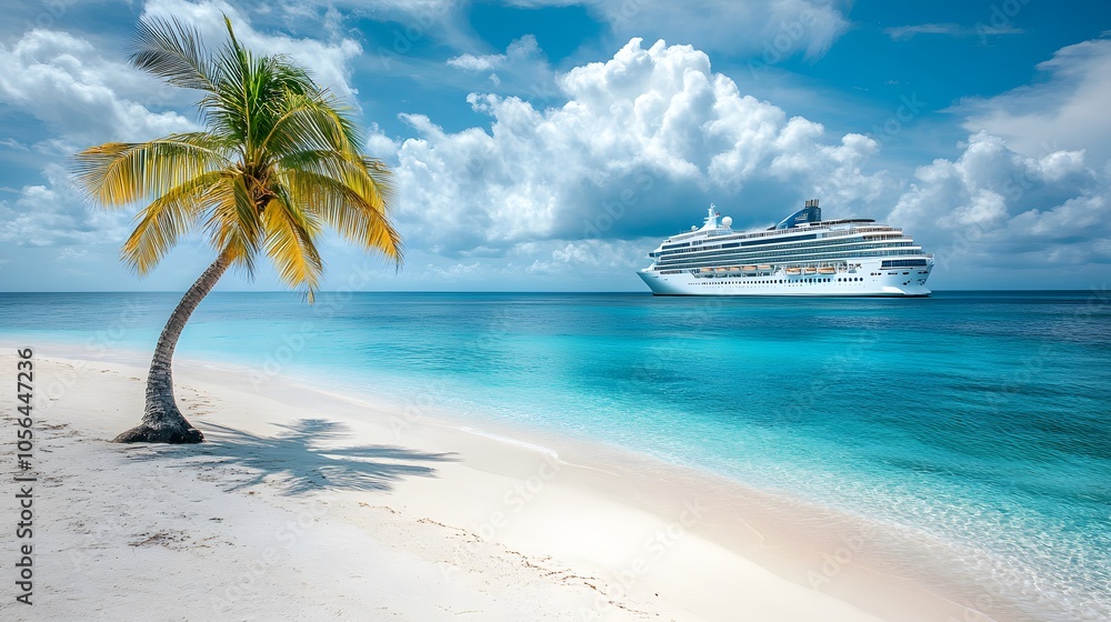 Fototapeta premium Cruise To Caribbean With Palm tree On Coral Beach. 